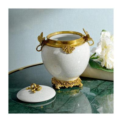 China Art Decor European Home Decor Mantel Brass Covered Lid Dragonfly Storage Jar Porcelain Phoenix Green Jar for sale