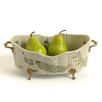 China European Art Decor American Classical Home Ceramics With Decorative Copper Fruit High End Luxury Basin Dish Double Handle for sale