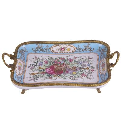 China Wholesale 2021 Home Living Room Ceramic Tray Minimalist Warm Ceramic Tray Double Handle Hand Painted For Home Decor Cafe Tray for sale