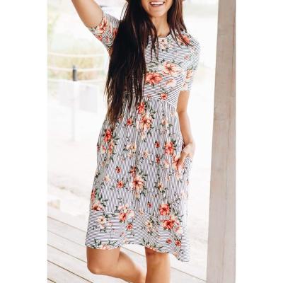 China Free Shipping Other Casual Elegant Women Floral Dresses Midi Beach Midi Beach Print Cotton Vestidos Q293 Slim Party Ramie Summer Dress for sale