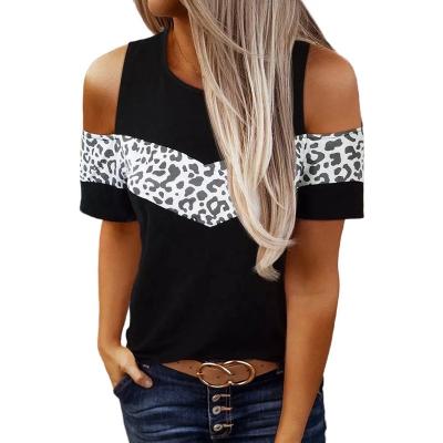 China Free Shipping Q263 Other Leopard Print O-Neck Blouse Off Shoulder Shoulderless Women Chill T-Shirt Shorts Sleeves Casual Tops for sale