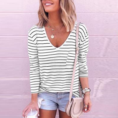 China Other New Free Shipping Q229 Autumn and Winter New Striped Long Sleeve Bottoming Shirt Women's V-Neck Loose Pullover T-Shirt for sale