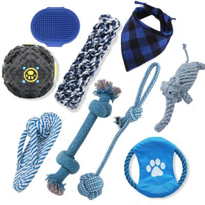 China Viable 9 Packs Dog Brush Bandana Grooming Toy Set Cotton Rope Toy Gift Dog Viable for sale