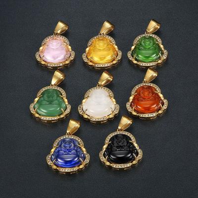 China Trendy Fashion Stainless Steel Colorful Gold Plated Zircon Buddha Jade Necklace for sale