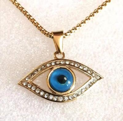 China FASHIONABLE Titanium Stainless Steel Rhinestone 18k Steel Blue Angel Eye Gold Plated Pendant Necklace for sale