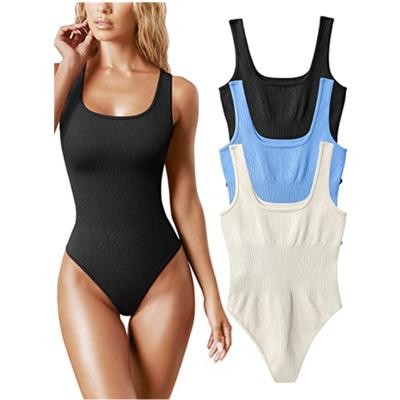 China Breathable Women's one Piece Bodysuits Sexy Ribbed Sleeveless Square Neck seamless active athletic Tank Tops jumpsuit for sale