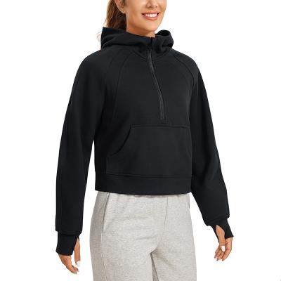 China Anti-wrinkle YOGA Fleece Lined blank heavyweight Hoodies for Women Half-Zip Pullover Cropped Sweatshirt with Thumb Hole for sale