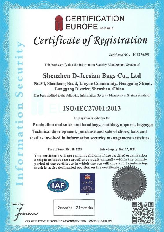 ISO/IEC 27001 - Shenzhen D-Jeesian Bags Co., Ltd.