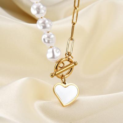 China Fashion Real Stainless Steel Heart CLASSIC Pearl Chain Necklace Gold Plated White Shell Heart Pearl Steel Choker Necklace For Women for sale