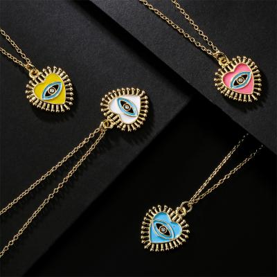 China CLASSIC 18k Gold Plated Colorful Enamel Blue Eye Heart Pendant Necklace Heart Shaped Evil Eyes Pendant Necklace for sale