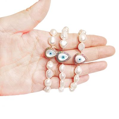 China Vintage Retro Design Real White Pearl Eyes Charm Bracelet Colorful Cubic Zircon Water Dripping Evil Eyes Bead Bracelet for sale