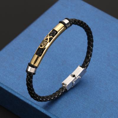 China Wholesale Vintage Stainless Steel Black Leather Bangle Fish Custom Gold Plated Carved Leather Bracelet for sale