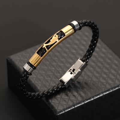 China European American Vintage Leather Woven Bracelet Gold Plated Stainless Steel Dolphin Bracelet For Men for sale