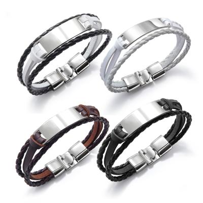 China Vintage Simple Multilayer Braided Mens Leather Bracelets White Carving Woven Bracelets for sale