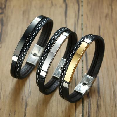 China Hot Sale Vintage Stainless Steel Blank Engraved Bangle PU Leather Woven Bracelet For Men for sale