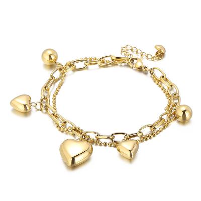 China Europe America Vintage Multilayer Fashion Heart Stainless Steel Heart Bangle Bracelet Gold Plated for sale