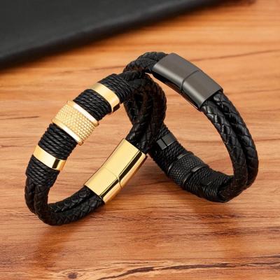 China Vintage Men's Bracelet Stainless Steel Leather Buckle Magnetic Titanium Steel Rope Armor Punk Bracelet for sale