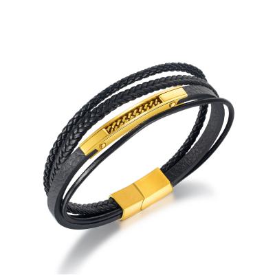 China Vintage Hot Selling Handmade Multi Layer Braided Leather Bracelet 14k Gold Plated Real Stainless Steel Leather Bracelet For Men for sale