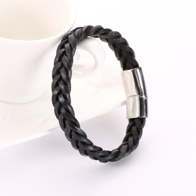 China Vintage Fashion 21cm Black Leather Bracelet Braided PU Leather Bracelet Snap Clasp Magnetic Bracelet For Men's Gift for sale