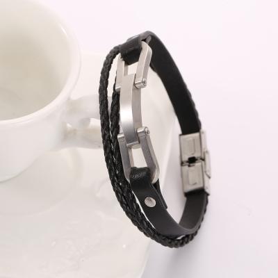 China High Quality Vintage Stainless Steel Multilayer Strap Weaving Black Leather Strap With Magnetic Clasp for sale