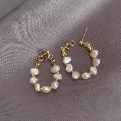 China Vintage Baroque 18k Gold Plated Irregular Natural Pearl Earrings 925 Freshwater Silver Needle Pearl Circle Earrings for sale