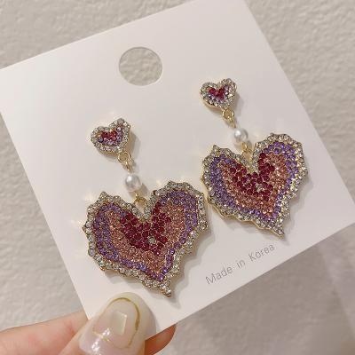 China Romantic Vintage 18k Gold Plated Crystal Heart Shaped Earrings Purple Pink 925 Full Silver Needle Rhinestone Heart Drop Earrings for sale