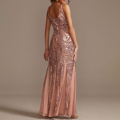 China Plus Size Fashion V Neck Sequin Tank Sheath Mesh Insets Elegant Evening Dresses for sale