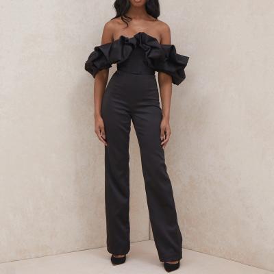 China Breathable Off The Shoulder Satin Velvet Jumpsuit Women Black Ruffle Strapless Jumpsuit for sale