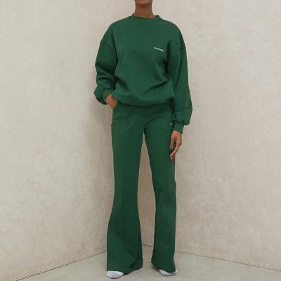 China Breathable Custom Green Flared Leg Track Jogger Woman Stacked Pants Two Piece Set for sale