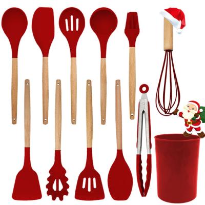 China Sustainable Christmas Kitchen Dedicated Utensils Set 12Pcs Silicone Nonstick Cookware Set Wooden Handle Kitchenware Set for sale