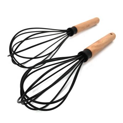 China Best Viable Selling Black Silicone Beater Set 2 Silicone Balloon Egg Beater Kitchenware Beech Wood Grip for sale