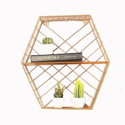 China Creative Organizer Floating Rack Display Hexagon Rustic Wood Metal Wall Mount Shelf Storage RSS120 for sale