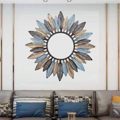 China Minimalist Creative Hollow Metal Retro Wrought Iron Leaves Living Room Art Mirror for sale