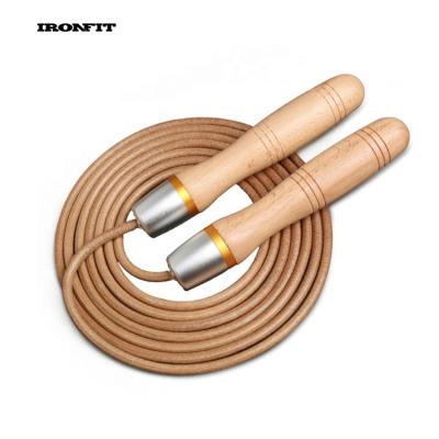 China Wooden Handle Adjustable Leather Jump Rope With Ball Bearing for sale