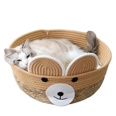 China Cute Brown Fresh Breathable Pet Straw Nest Papyrus Weaving Braiding Beds For Kitty Cats Dogs for sale