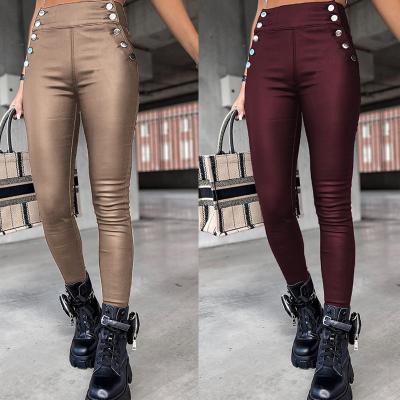 China Anti-wrinkle Spring Autumn Clothes For Women High Waist Artificial Leather Pants Elastic All-match Women Casual Pants for sale