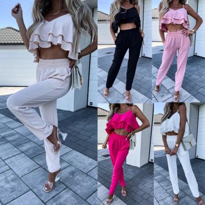 China Breathable 2023 Summer Women Clothes 2 Piece Set Crop Top+Trousers Suits Casual Set Outfits Women Clothing Two Piece Set for sale