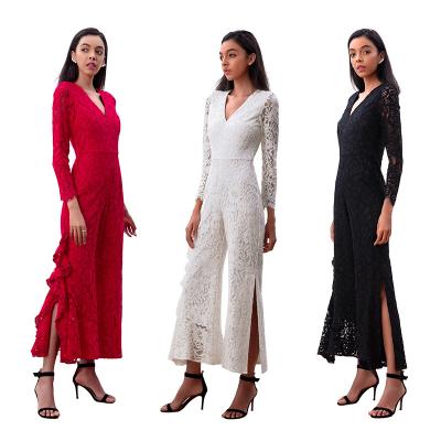 China NR220 Fashion V Neck Lace Deep Fork Deep Slit Jumpsuit Women Embroidery 2021 Irregular Women Rompers Long Sleeves Ruffle Breathable Jumpsuit for sale