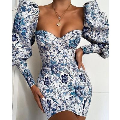 China Anti-Static New Style Fashion Print Puff Sleeve Wrap Slim Fit Shirt Dress for sale