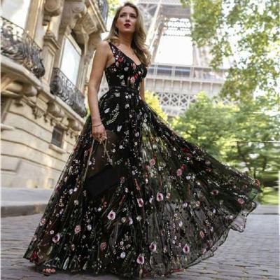 China Anti-Static Women Elegant Embroidery Prom Evening Sheer Mesh Boho Lace Floral Sexy Deep V-Neck Summer Long Party Wear Dresses for sale