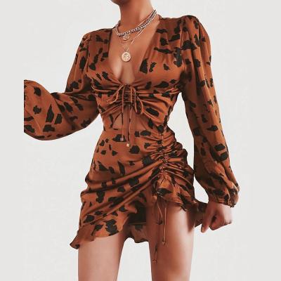 China Anti-Static High Fashion Summer Casual Leopard Drawstring Design Ruffles Dress for sale