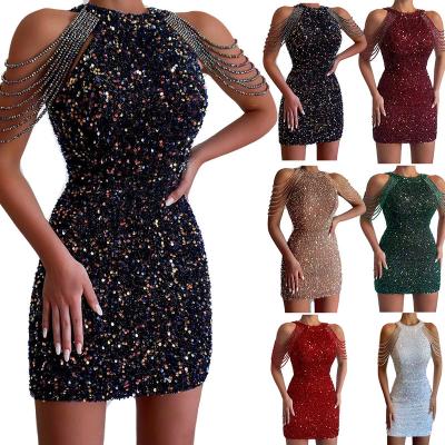 China Dry Cleaning Fashion Manufacturers Custom Halter-Neck Tassel Sexy Crystal Fringe Sleeveless Dress Wrap Hip Sequin Waist Evening Dress for sale