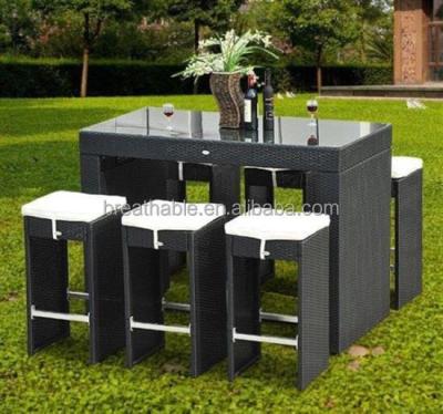 China Contemporary Cheap 6 Seater Balcony Table Furniture Long Highs Set No Backrest Outdoor Rattan Bar Chair for sale