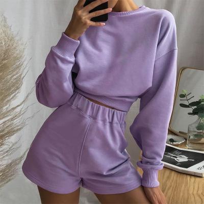 China Breathable Plain Color Crop Top Crewneck Crop Top Sweatshirt With Shorts Custom for sale