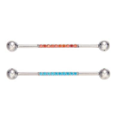 China FASHIONABLE ASTM F136 Titanium Internally Threaded Colored 14G Cubic Zircon Industrial Barbell Perforation for sale