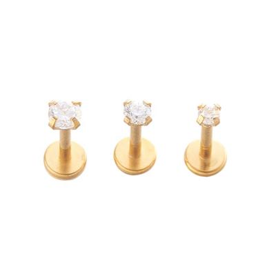 China Trendy Stainless Steel Internally Threaded Gold PVD Fork Set Zircon Labret Stud Tragus Piercing Earrings for sale