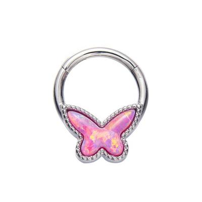 China TRENDY 316L Surgical Steel Butterfly Shape Pink Opal Hinged Clicker Hing Ring Body Jewelry for sale