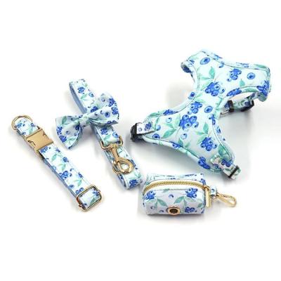 China And Quick Release Cute Cool Blueberry Printed Pet Pull Out Dog Set Harness Set Wholesale Dog Collar Leash Bow Waste Poop Bag Set for sale