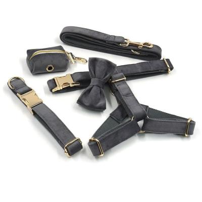 China New Stocked Dark Gray Velvet Pet Collar Leash Set Bow Tie Poop Bag Holder Metal Buckle Dog Harness Chest and Back Set Wholesale for sale