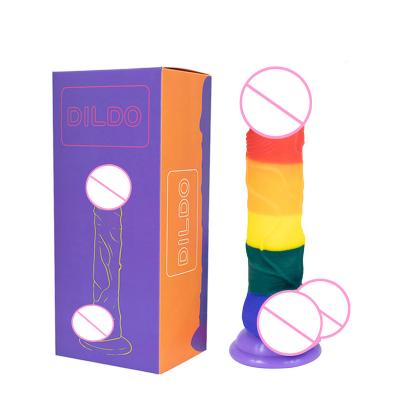 China Real Feeling Erotic Dildo For Women Penis Real Rubber Dildo Liquid Silicone 8 Inch Rainbow Striped Silicone Dildo With Suction Cup Adult Sex Toys for sale